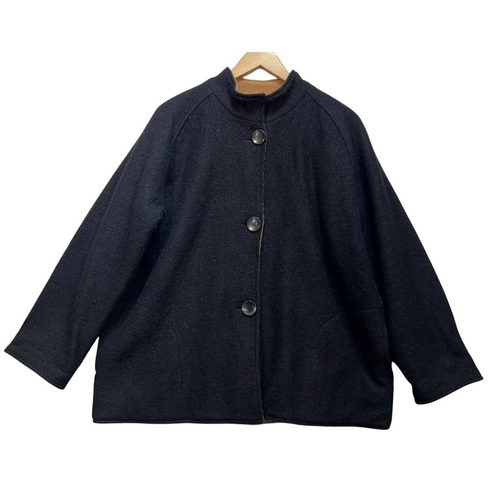 Norm Thompson Women's Button Front Wool Short Coat Long Sleeve Size 1X Black Tan